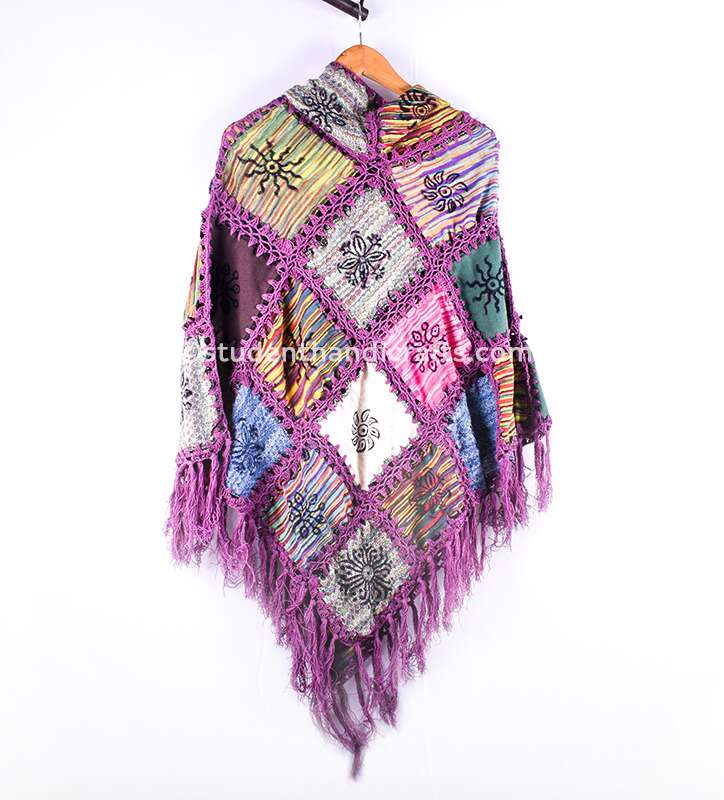 Cotton Knitting Patch Block Print Poncho