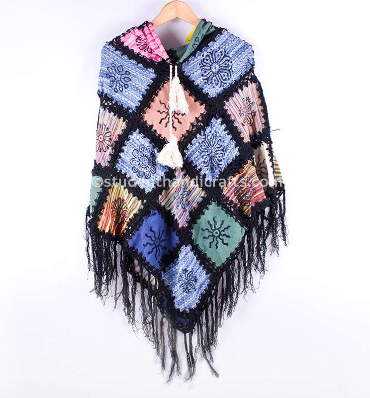 Cotton Black Patch Block Print Poncho