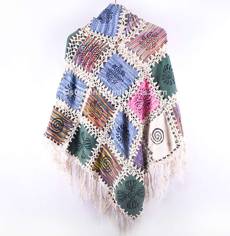 Cotton Knitting White Border Poncho